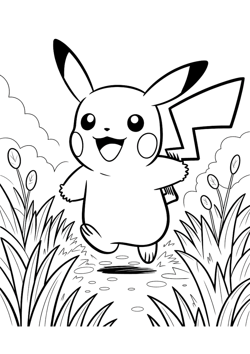 Kleurplaat van Pikachu die huppelend langs een smal pad rent, omgeven door lang gras en hoge grashalmen aan weerszijden
