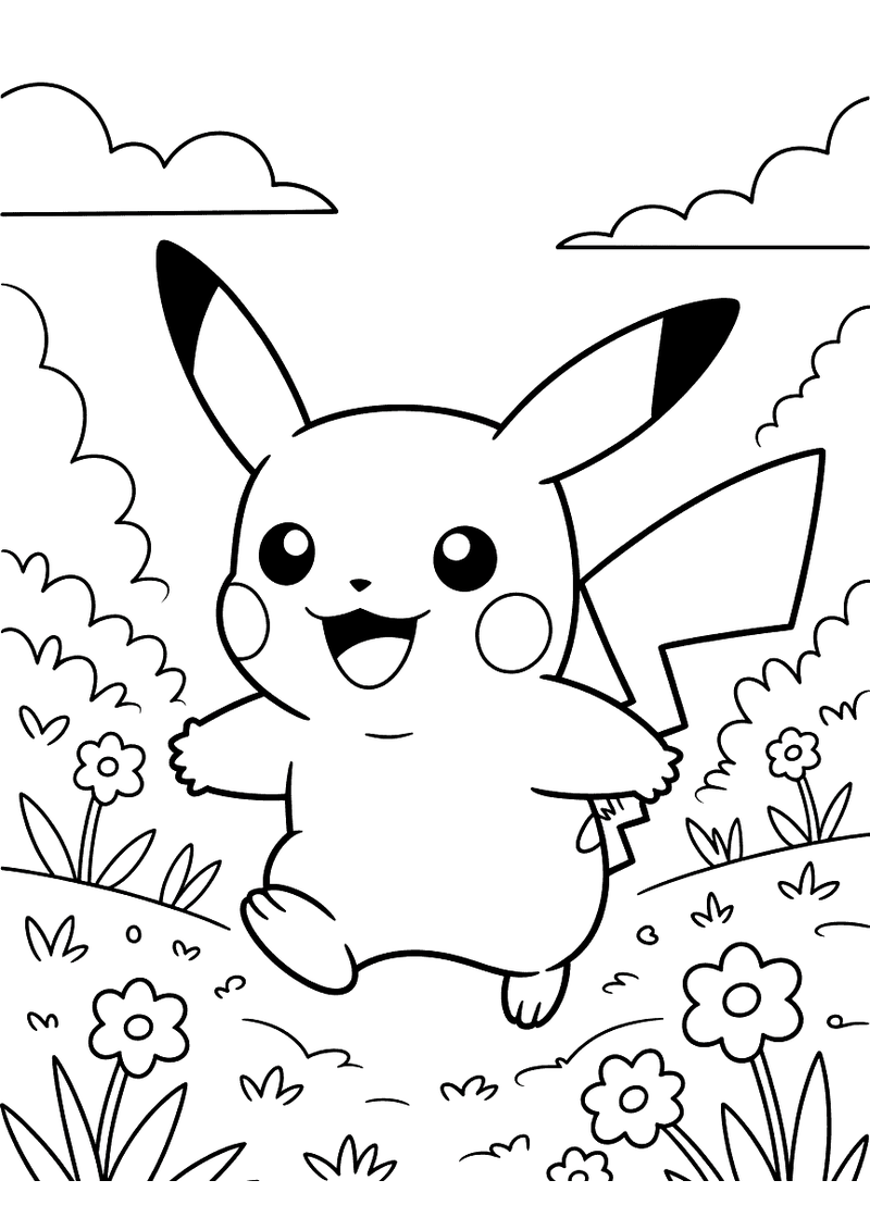 Pikachu rent door een bloemenveld kleurplaat — gratis kleurplaat printen