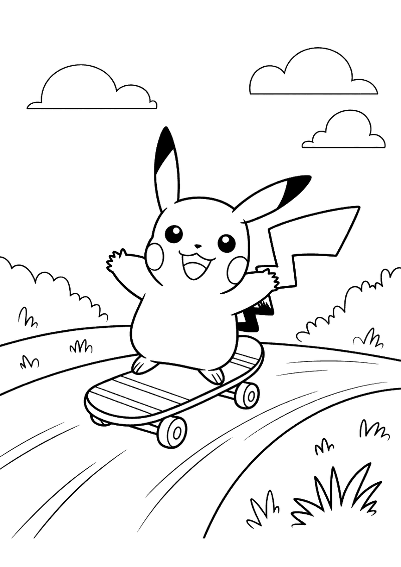 Kleurplaat van Pikachu die met één arm omhoog op een skateboard over een glooiende weg rijdt, met wolken en struiken op