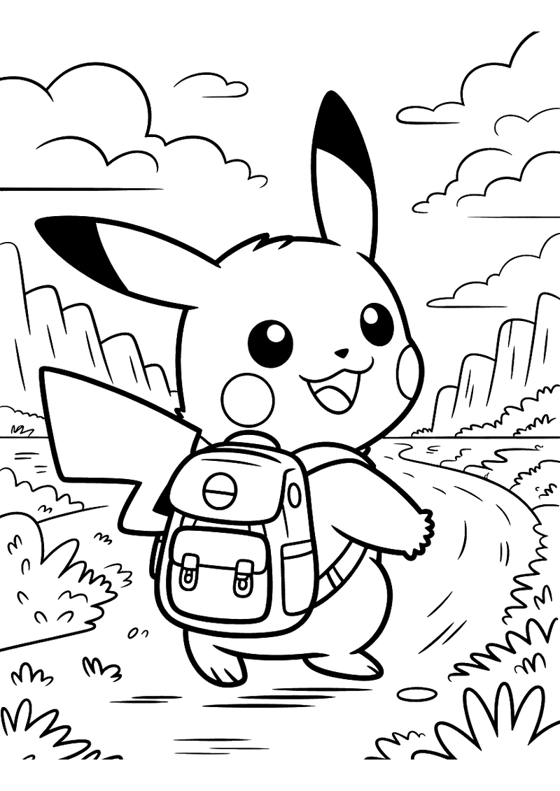 Kleurplaat van Pikachu die met een kleine rugzak op zijn rug door een open landschap met rotsen en planten wandelt