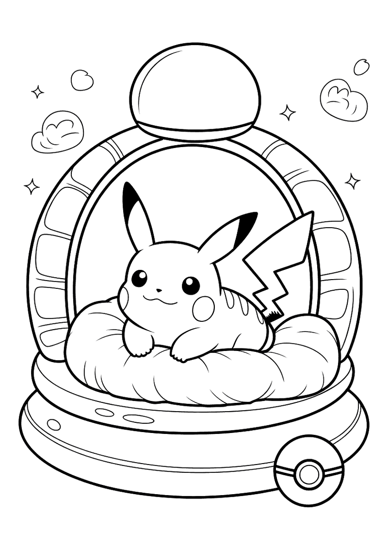 Kleurplaat van Pikachu die liggend rust in een rond pluizig bedje onder een glazen koepel in de stijl van een Pokébal