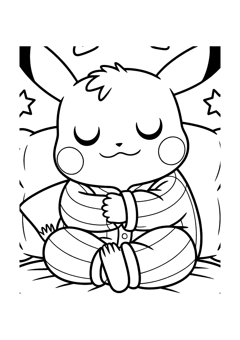 Kleurplaat van Pikachu die met gesloten ogen opgekruld zit in een gestreepte pyjama, met kleine bliksemtekens rondom hem