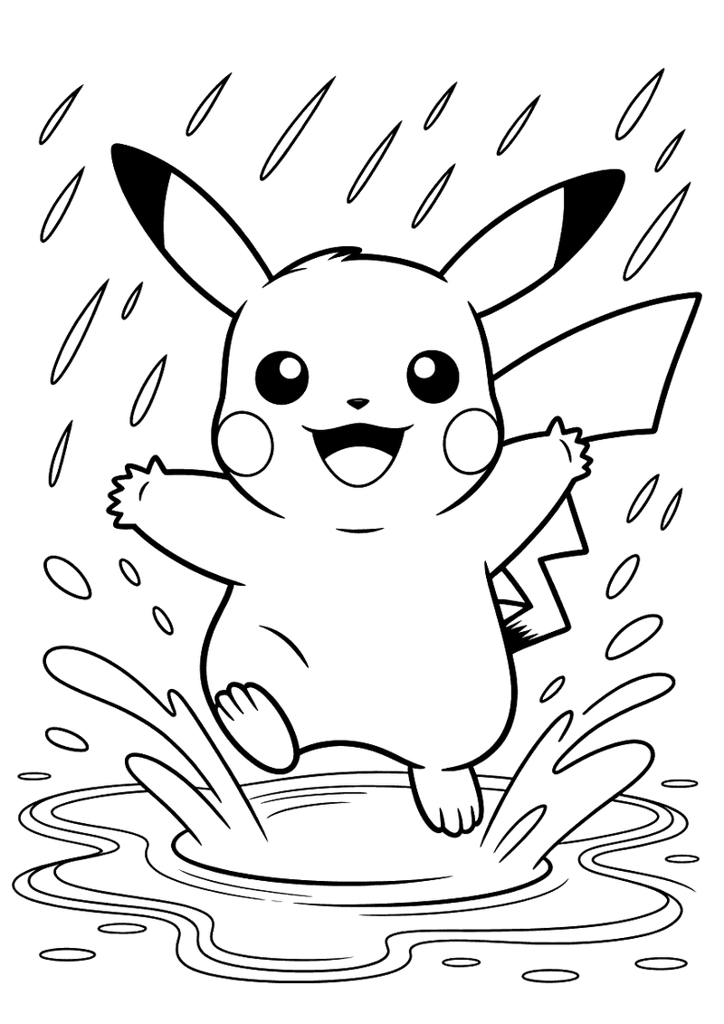 Pikachu springt door de regen kleurplaat — gratis kleurplaat printen