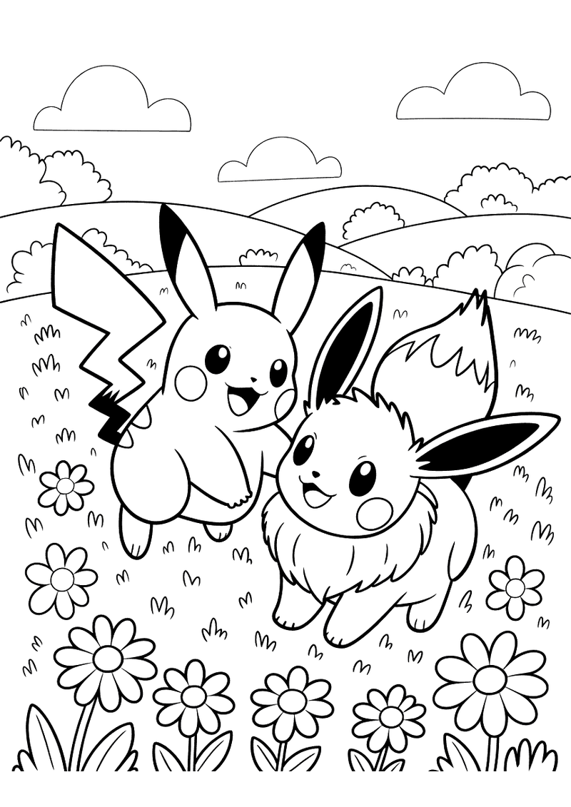 Kleurplaat van Pikachu en Eevee die vrolijk over een bloemenweide rennen, met madelieven op de voorgrond en wolken aan d