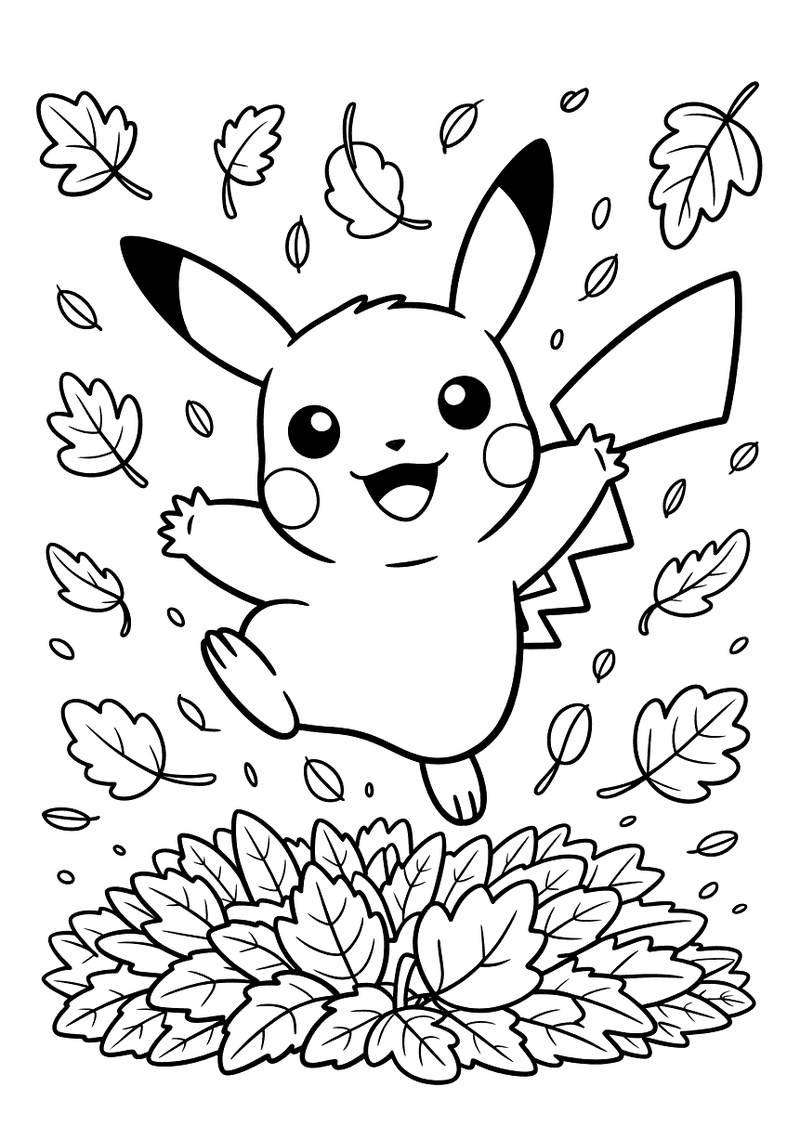 Kleurplaat van Pikachu die lachend in een grote stapel herfstbladeren springt met bladeren die rondom hem opwervelen