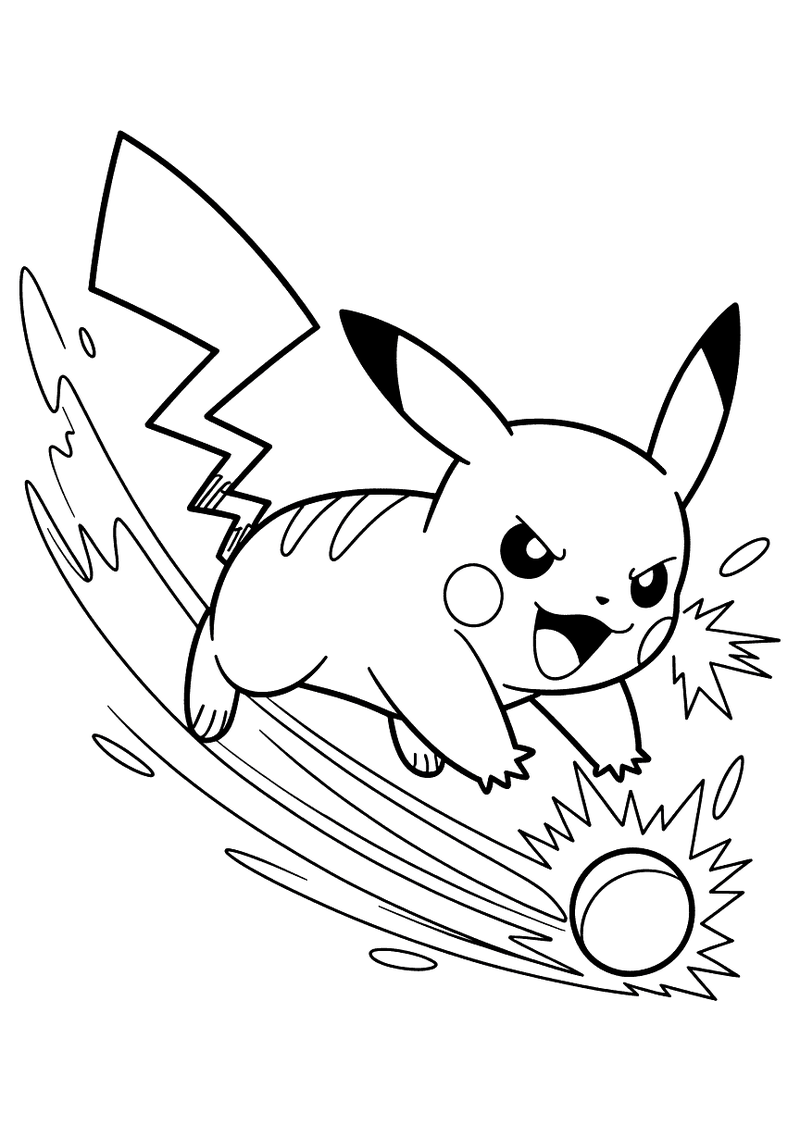 Kleurplaat van Pikachu in een lage, snelle aanvalshouding met zijn kenmerkende bliksemvormige staart omhoog en een vastb