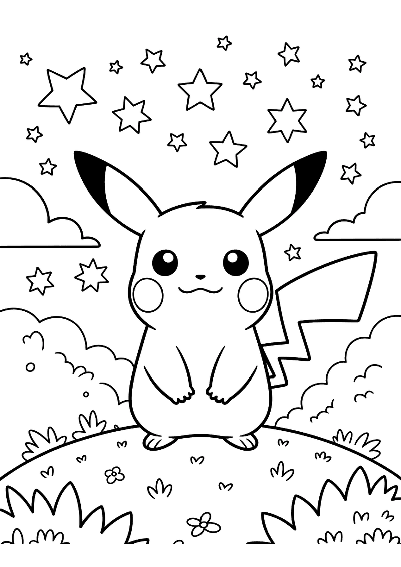 Kleurplaat van Pikachu die op een begroeide heuvel zit en omhoogkijkt naar een hemel vol grote en kleine sterren met wol