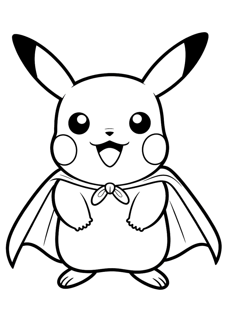 Kleurplaat van Pikachu die rechtop staat met een wapperende cape aan zijn nek vastgeknoopt en een zelfverzekerde glimlac