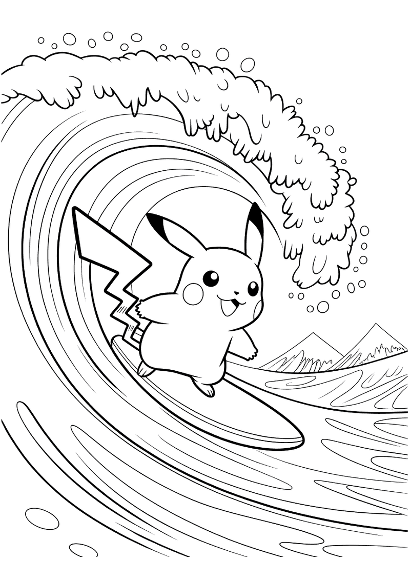 Kleurplaat van Pikachu die op een surfplank balanceert op een grote krollende oceaangolf met bergen aan de horizon