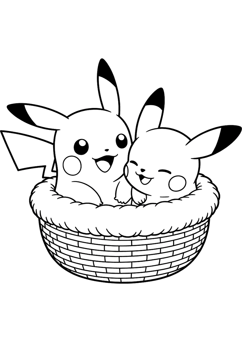 Kleurplaat van Pikachu en baby-Togepi die beiden in een gevlochten rieten mandje zitten, Pikachu lacht en Togepi sluimer