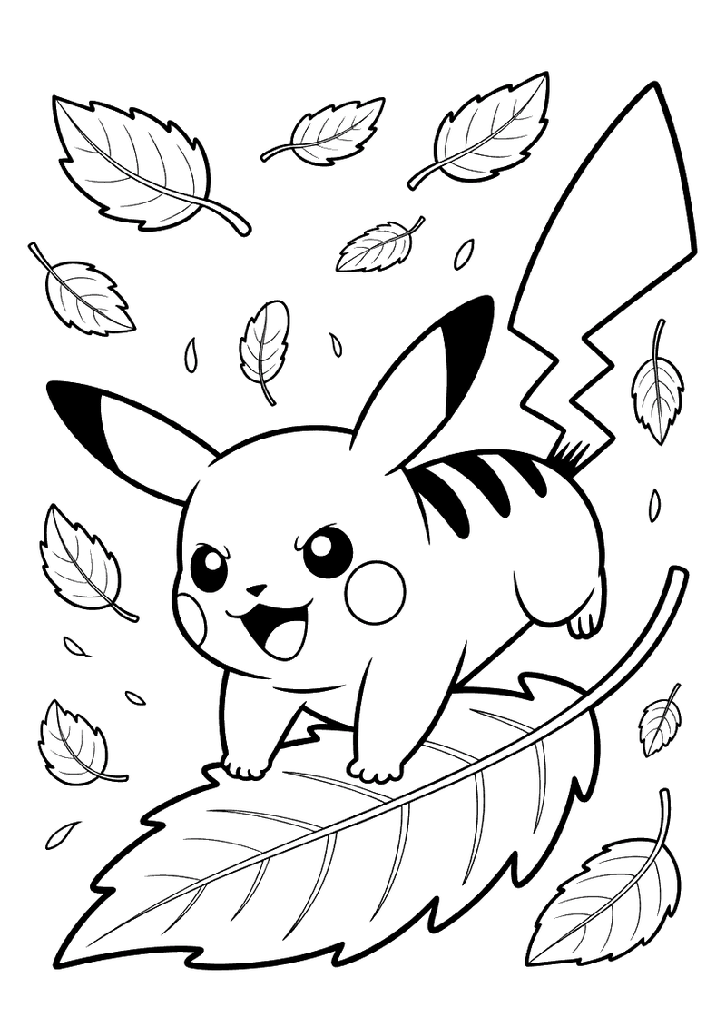Kleurplaat van Pikachu die lachend op een groot herfstblad staat terwijl andere bladeren in alle richtingen om hem heen