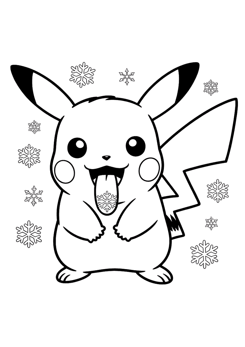 Kleurplaat van Pikachu die met uitgestoken tong en grote ogen sneeuwvlokken opvangt, omringd door grote decoratieve snee