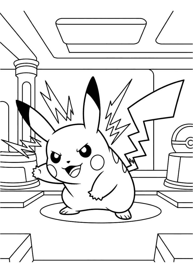 Kleurplaat van Pikachu in een Pokémon-gymzaal die in aanvalshouding staat met bliksemschichten, een Pokébal zichtbaar op