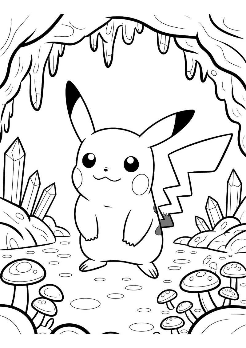 Kleurplaat van Pikachu die in een donkere grot staat omgeven door uitstekende kristallen, stalactieten aan het plafond e