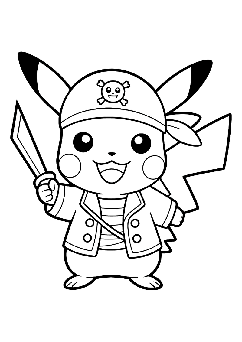 Kleurplaat van Pikachu in piratenkostuum met een doodskoppet op zijn hoed, een open jas met knopen en een zwaard in zijn