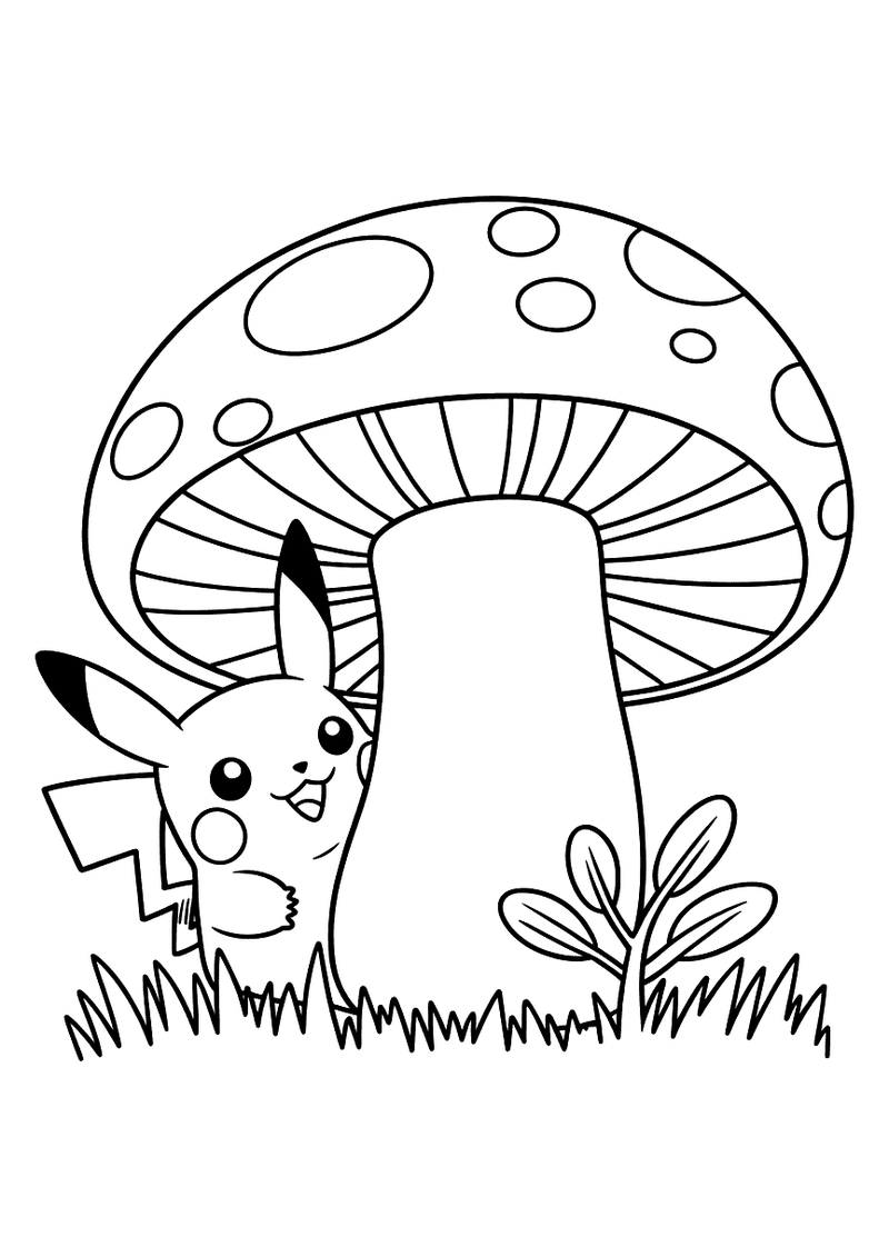 Kleurplaat van Pikachu die nieuwsgierig achter de stam van een grote gestippelde paddenstoel gluurkijkt in een grasveld