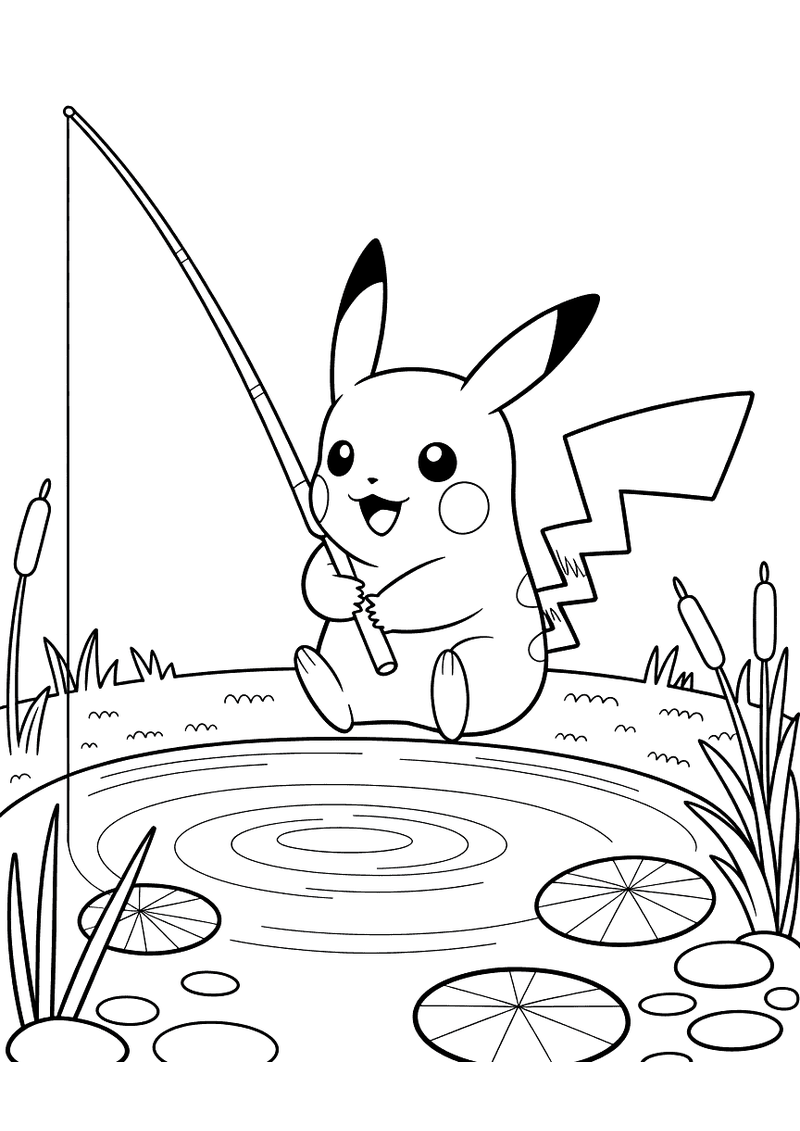 Kleurplaat van Pikachu die aan de oever van een vijver zit met een vishengel in zijn poot, waterlelies op het water en r
