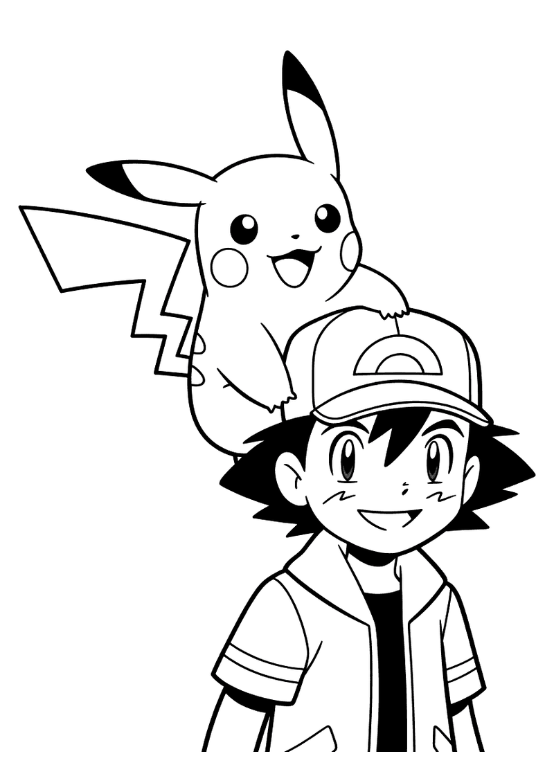 Kleurplaat van Pikachu die op het hoofd van zijn trainer Ash zit, Ash draagt een pet en lacht, beiden kijken recht de ki