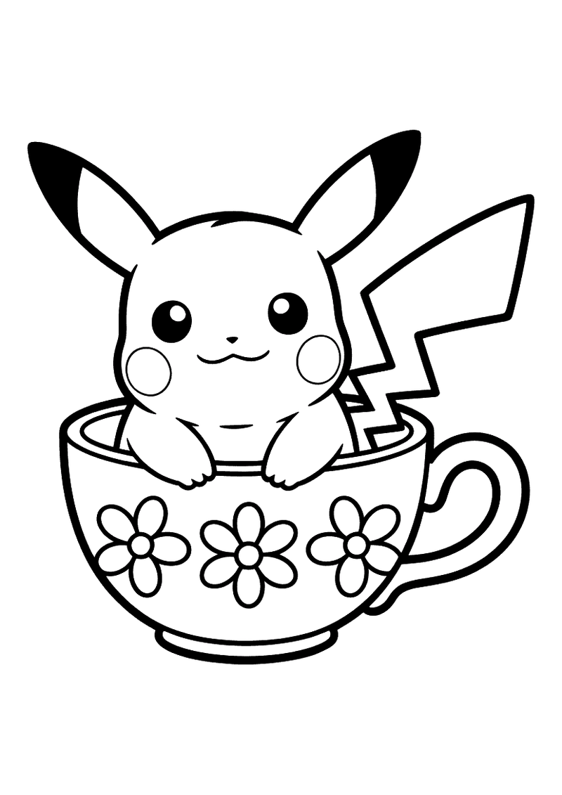 Kleurplaat van Pikachu die met zijn pootjes over de rand hangt zit in een groot theekopje versierd met bloemetjes en een