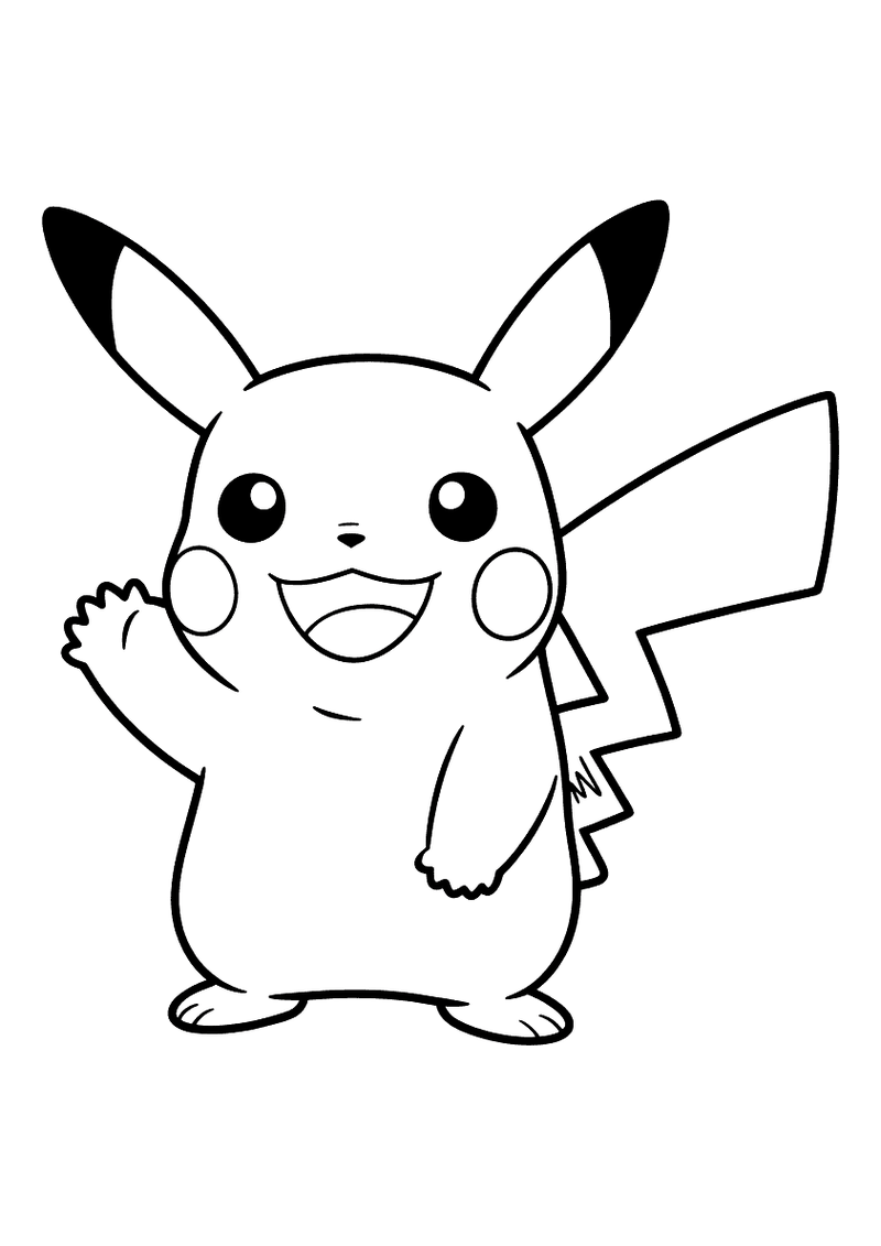 Kleurplaat van Pikachu die rechtop staat en vriendelijk zwaait met zijn rechterarm omhoog, mond open in een brede vrolij
