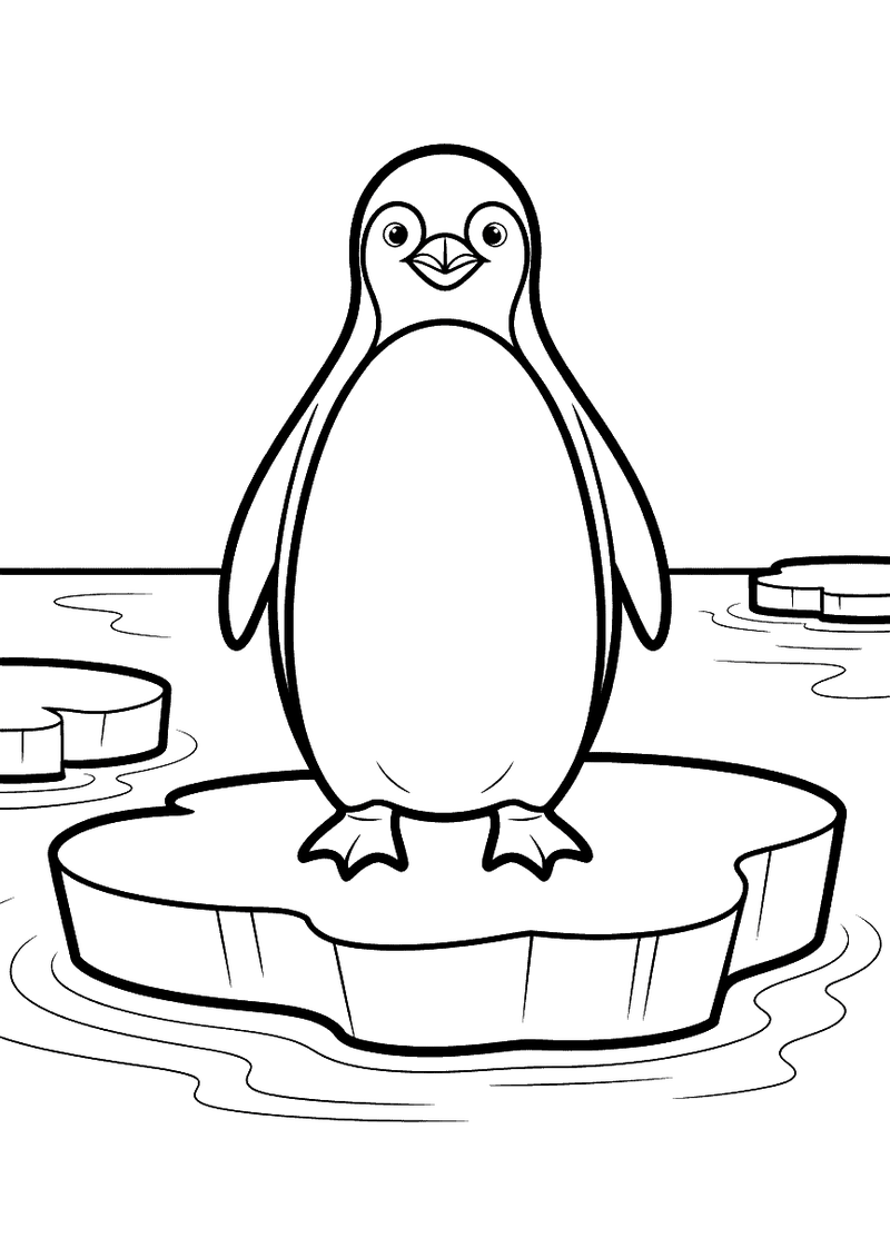 Kleurplaat van een Adeliepinguin die rechtop staat op een kleine ijsschots met losse ijsstukken in het water rondom hem