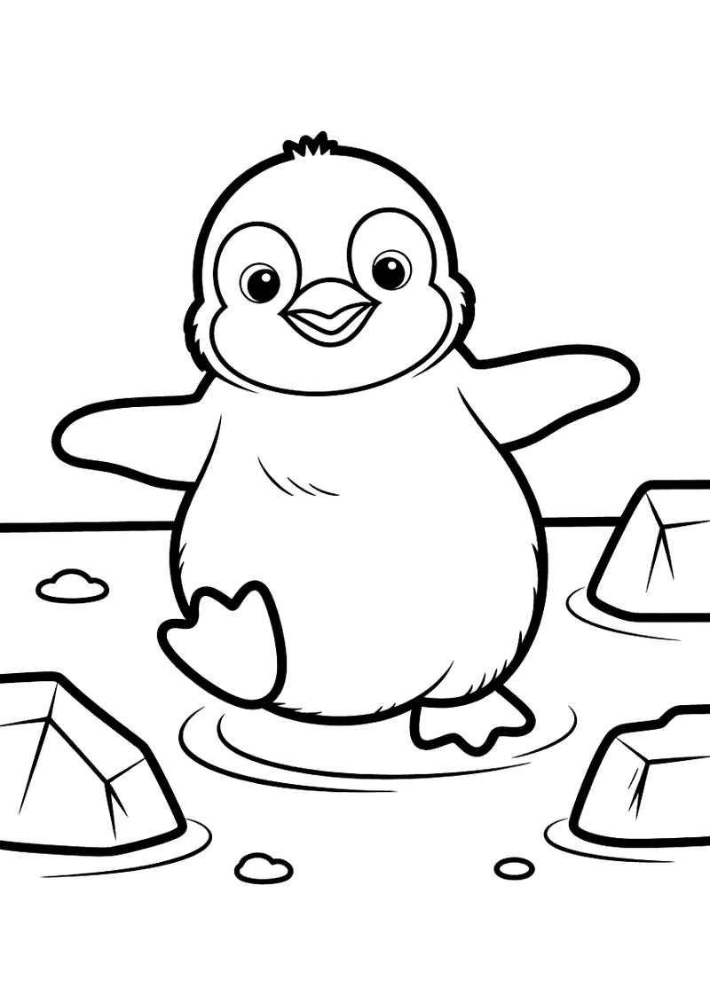Kleurplaat van een baby pinguinkuiken dat met gestrekte vleugeltjes zijn eerste stappen zet op een ijsvlakte met kleine