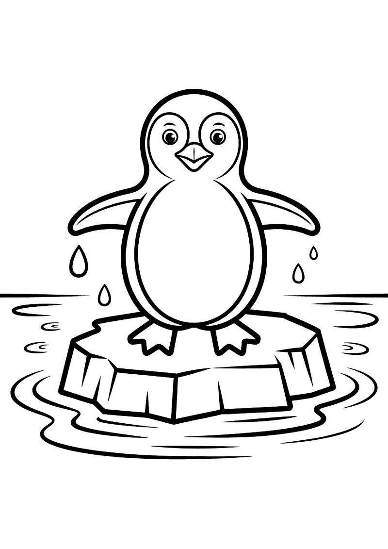 Kleurplaat van een pinguin die met gespreide vleugels balanceert op een klein smeltend stuk ijs, met waterdruppels die v