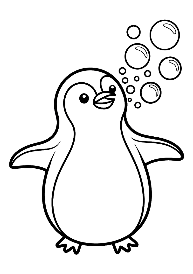 Kleurplaat van een pinguin die met zijn snavel omhooggebogen een reeks zeepbellen in verschillende maten de lucht inblaa