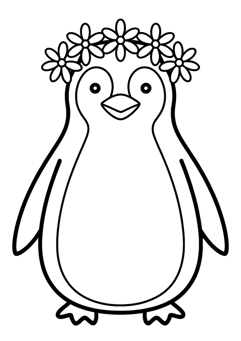 Kleurplaat van een pinguin die rechtop staat met een sierlijke bloemenkrans van madelieven op zijn hoofd en een vriendel