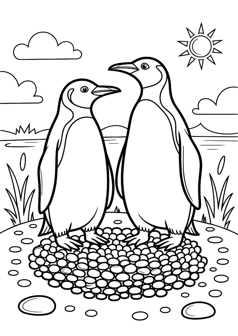 Kleurplaat van twee pinguins die naast elkaar staan bij een nest van kiezels op de grond, met waterplanten en een zon op