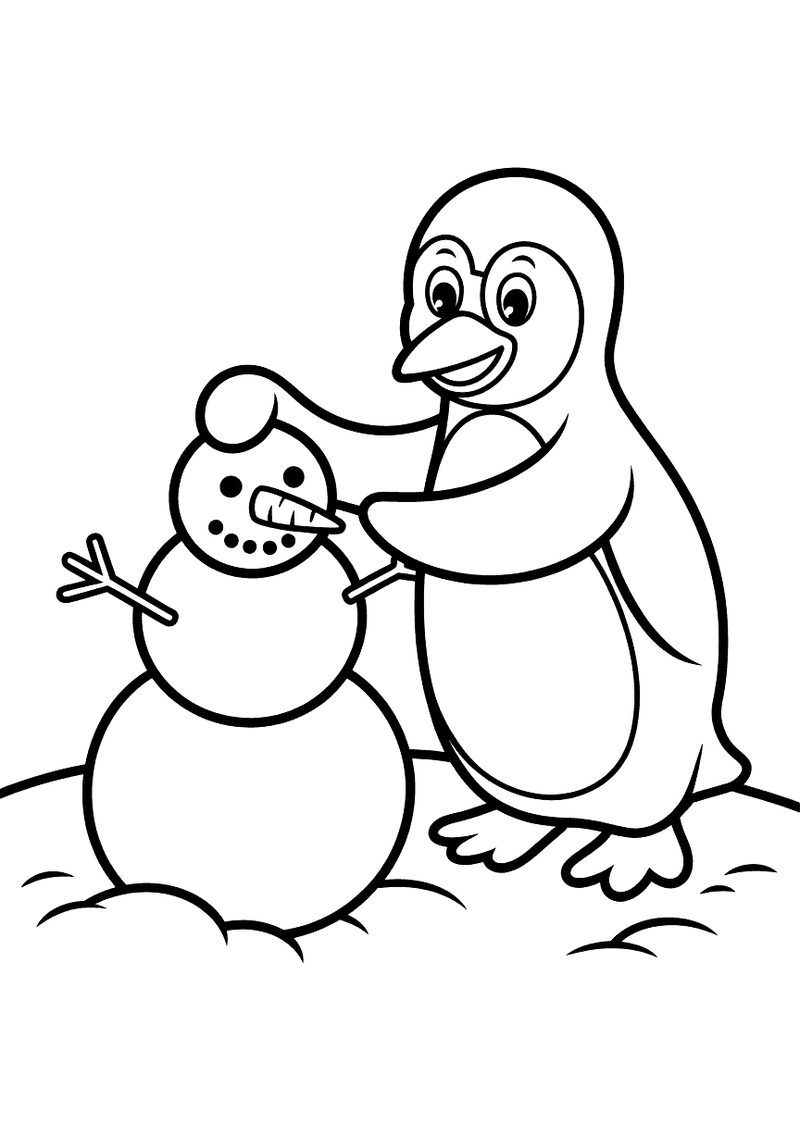 Kleurplaat van een pinguin die een kleine sneeuwpop met wortelsnuit en knoopogen bouwt op een besneeuwde ondergrond