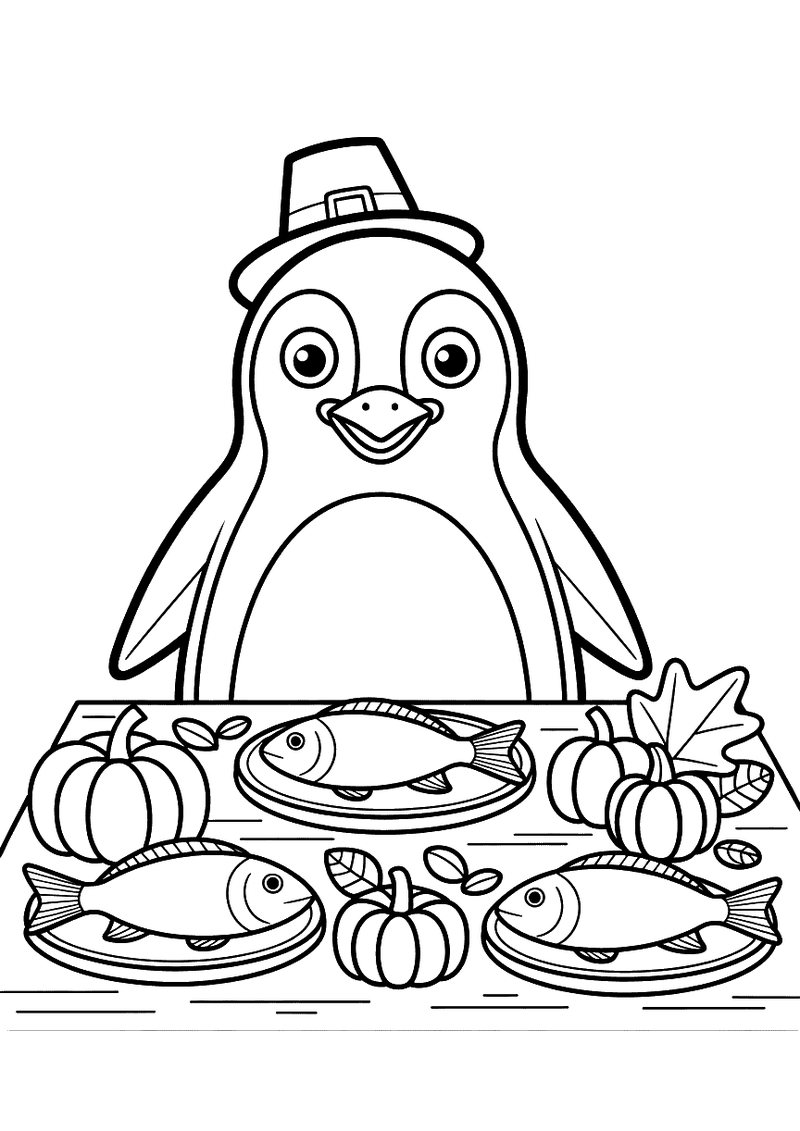 Kleurplaat van een pinguin met pelgrimshoed aan een tafel vol gebakken vis, pompoenen en herfstbladeren, dankzeggingsfee