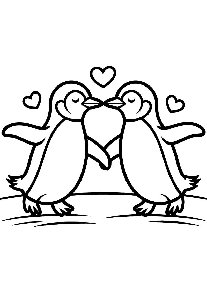 Kleurplaat van twee pinguins die met hun snavel een hart vormen en elkander zoenen, omringd door zwevende hartjes