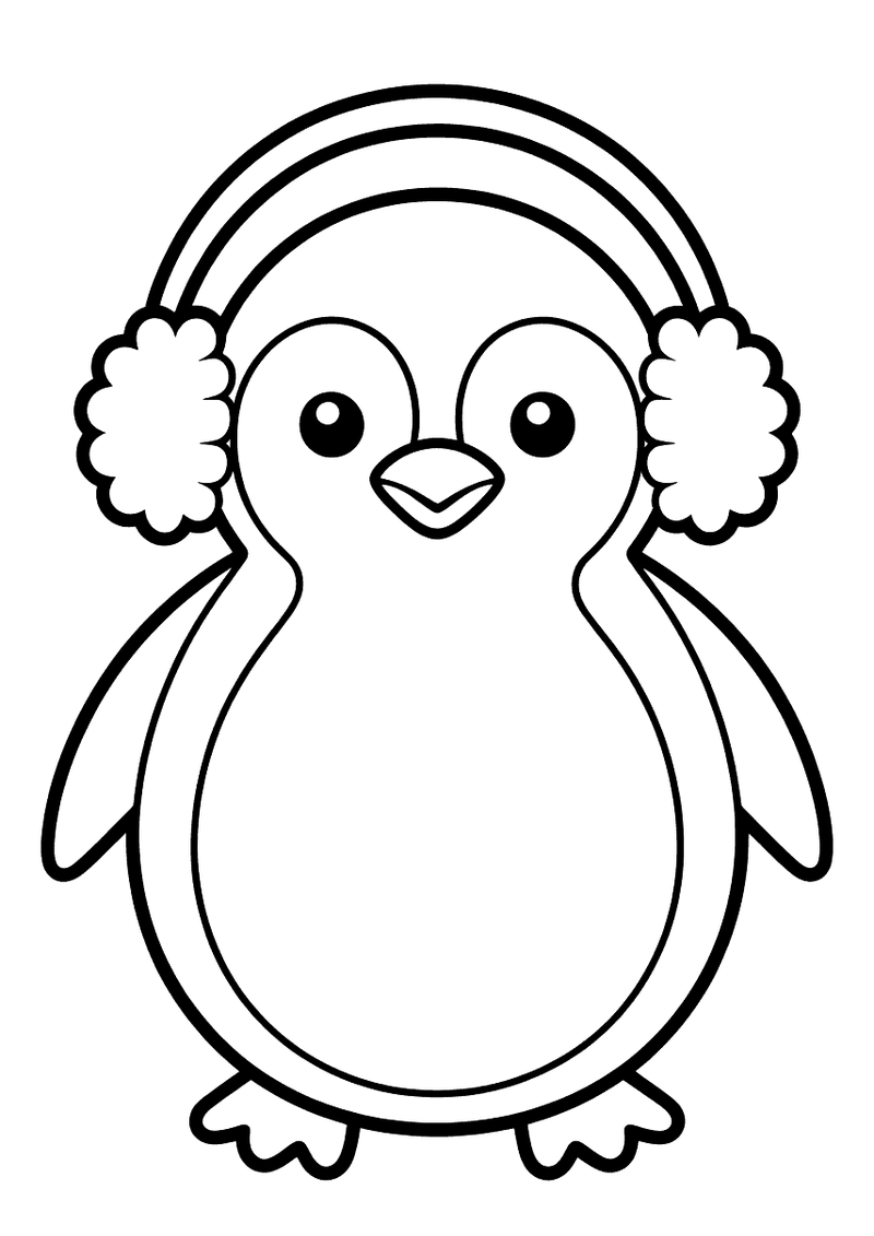 Kleurplaat van een schattige pinguin die grote pluizige oorwarmers draagt en vriendelijk lacht