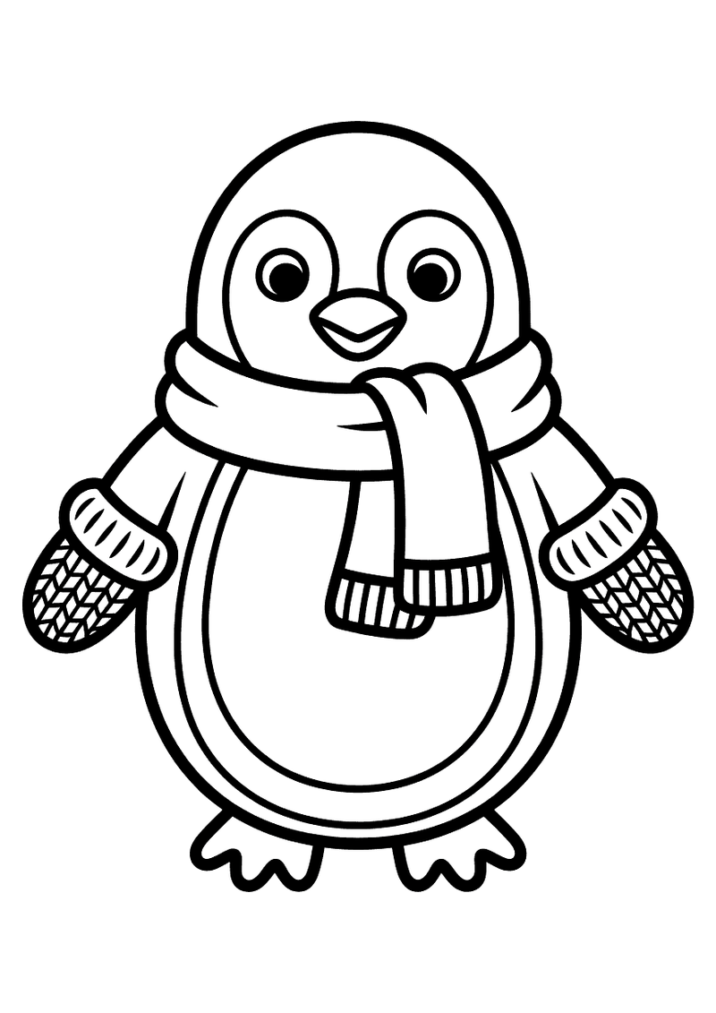 Kleurplaat van een ronde pinguin gekleed in een gebreide sjaal en wanten, klaar voor de winter