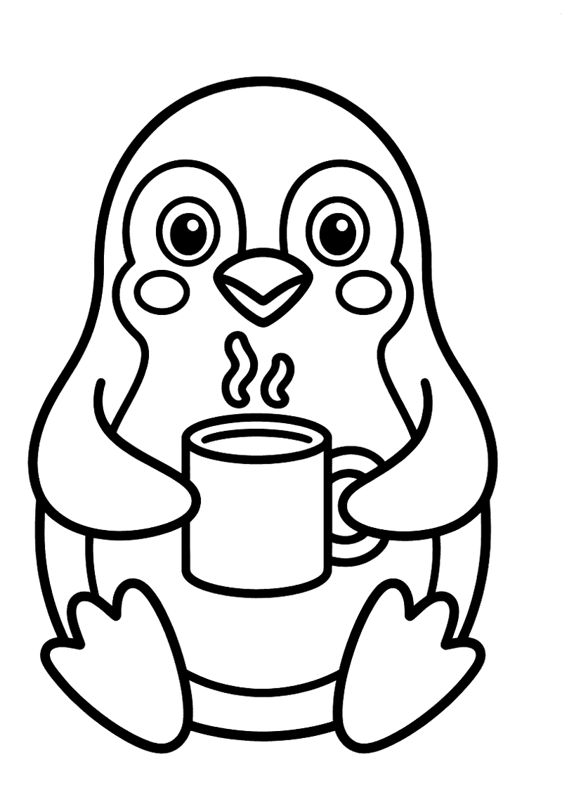 Kleurplaat van een ronde pinguin die zit en een grote dampende beker warme chocolademelk in zijn vleugelhandjes houdt
