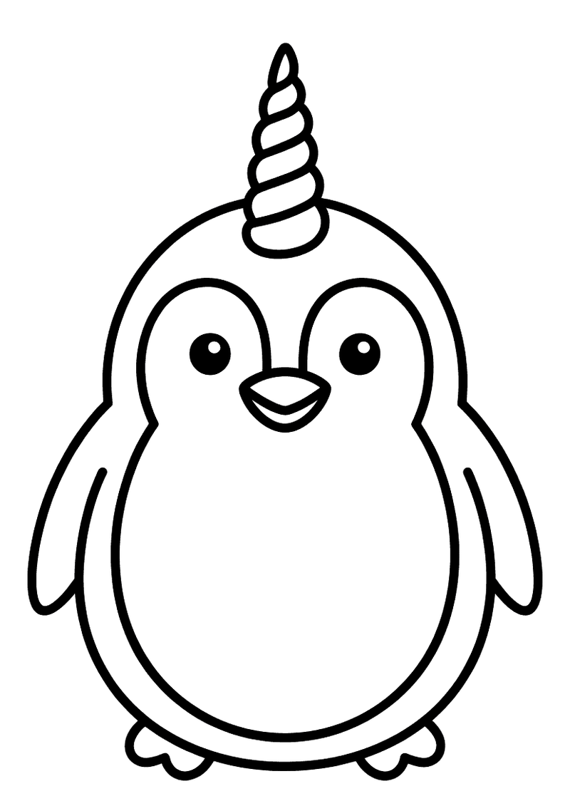 Kleurplaat van een ronde pinguin met een lange spiraalvormige eenhoornhoorn op zijn hoofd, lachend naar de kijker