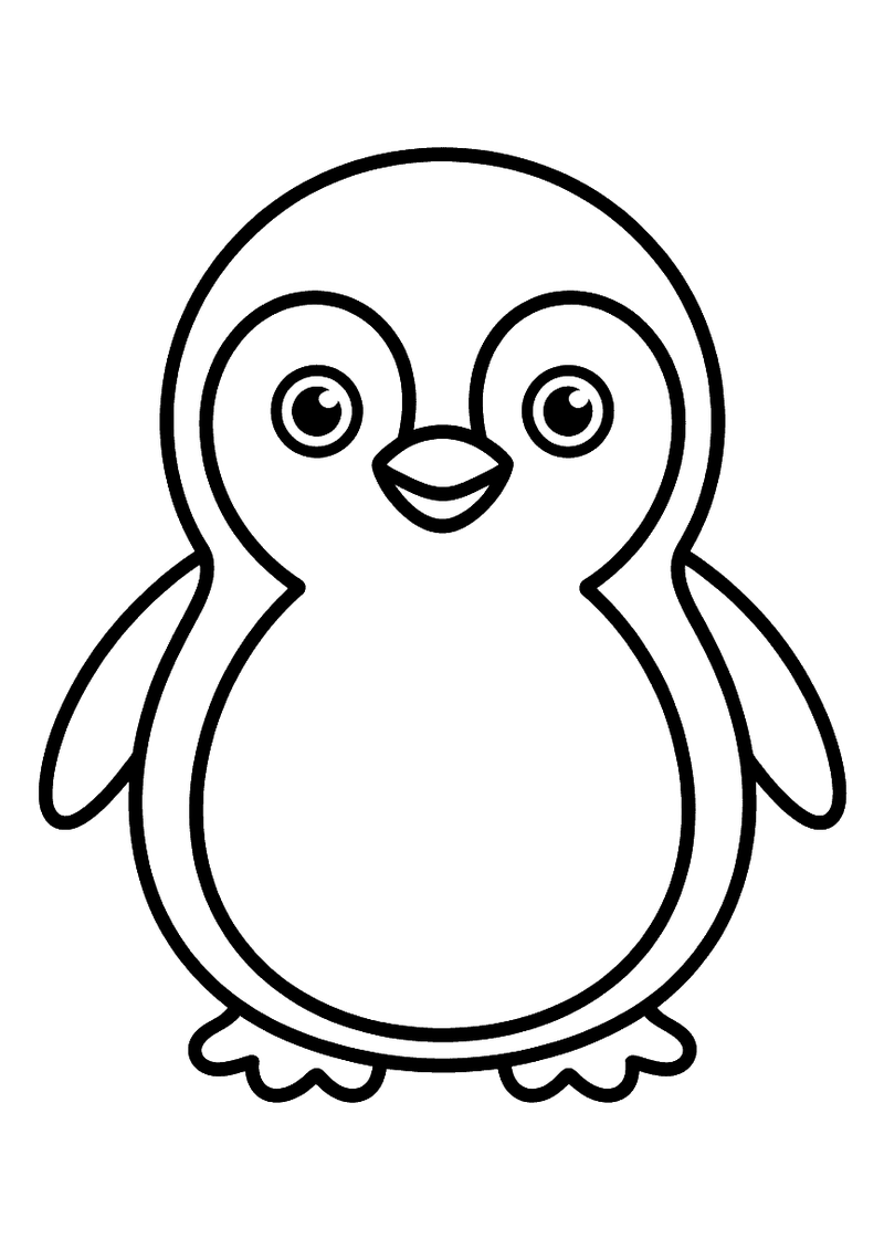 Eenvoudige kleurplaat van een ronde lachende pinguin met brede dikke lijnen, geschikt voor peuters
