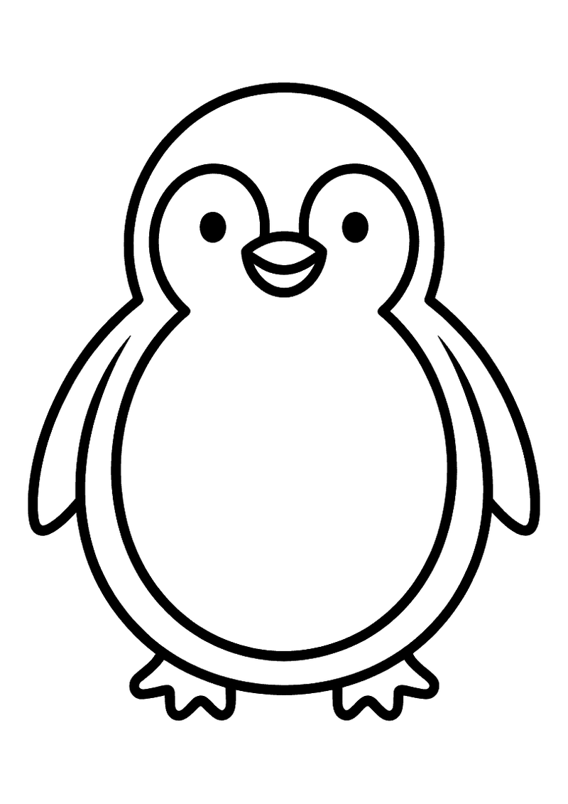 Kleurplaat van een ronde pinguin met vloeiende lijnen en een brede glimlach, strak en eenvoudig van opzet