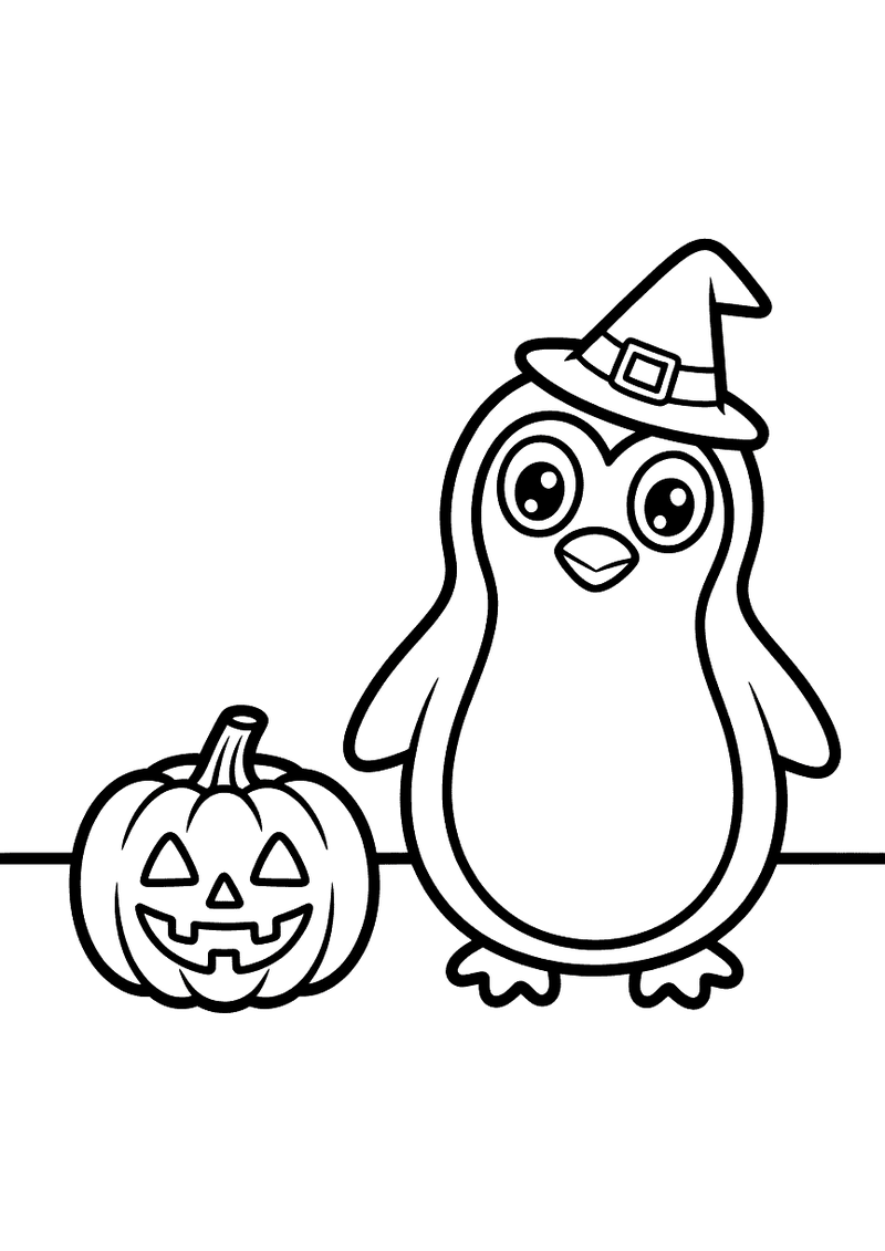 Kleurplaat van een pinguin met een heksenhoed naast een lachende jack-o-lantern pompoen op Halloween
