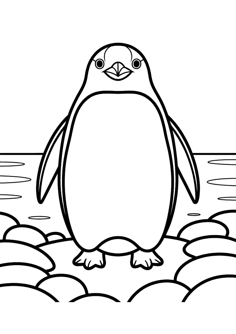 Kleurplaat van een ezelpinguin die rechtop staat op een rotsachtige kust met water op de achtergrond
