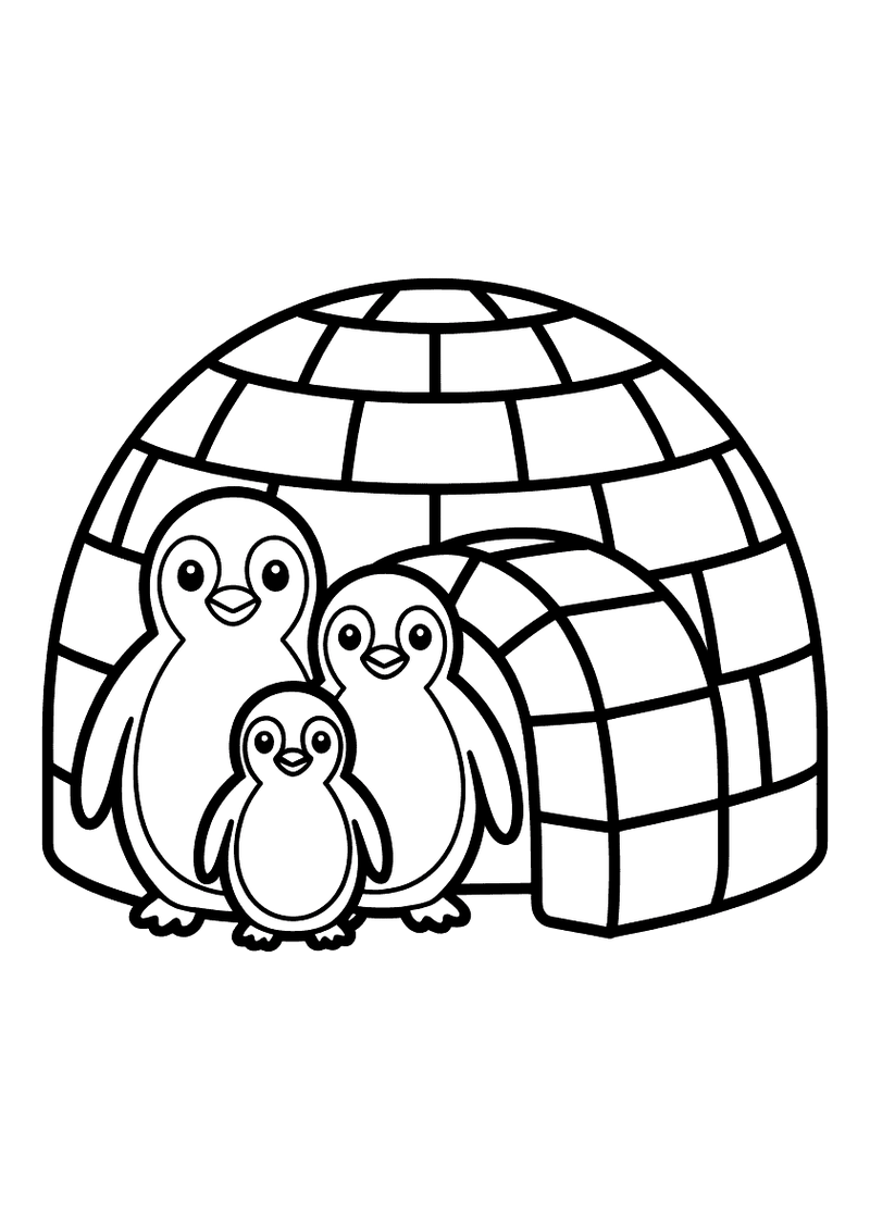 Kleurplaat van twee grote pinguins en een klein kuiken die samen voor een grote iglo staan