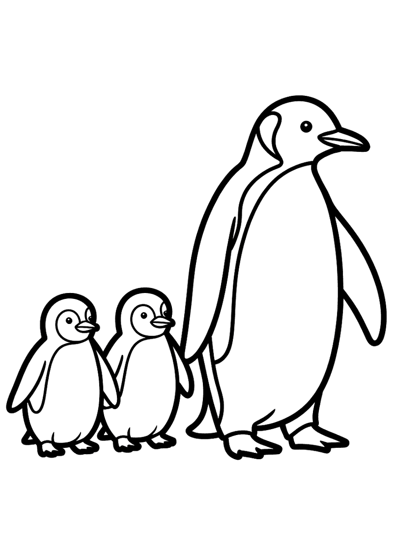 Kleurplaat van een grote volwassen pinguin met twee kleine kuikens die naast hem in een rij lopen