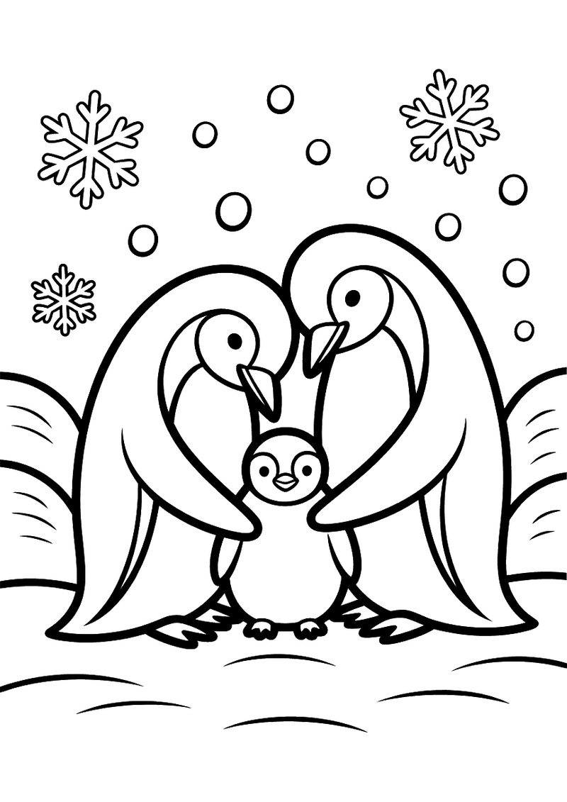 Kleurplaat van twee grote pinguins die samen een kuiken beschermen terwijl sneeuwvlokken om hen heen dwarrelen