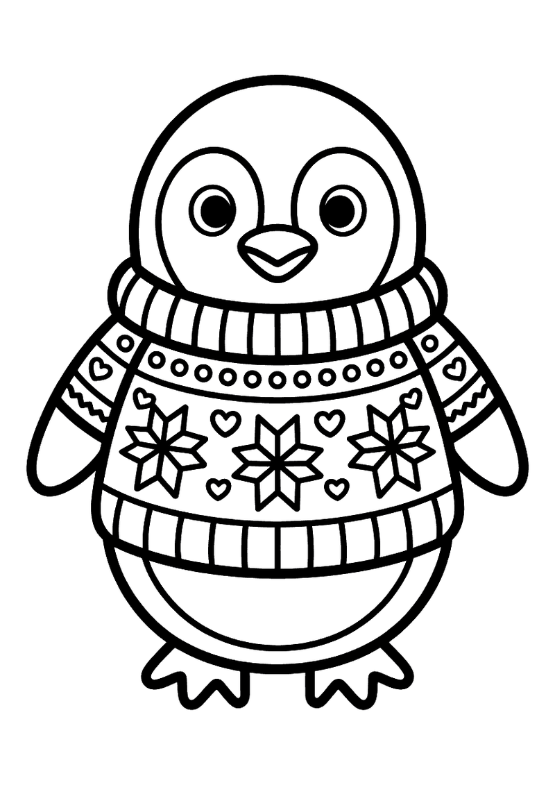 Kleurplaat van een pinguin in een gebreide trui met sneeuwvlokpatronen, hartjes en geribde randen