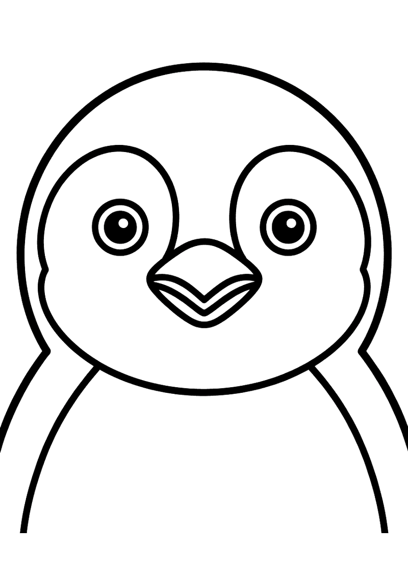 Kleurplaat met een groot close-up portret van een pinguingezicht met ronde ogen, snavel en het begin van de vleugels