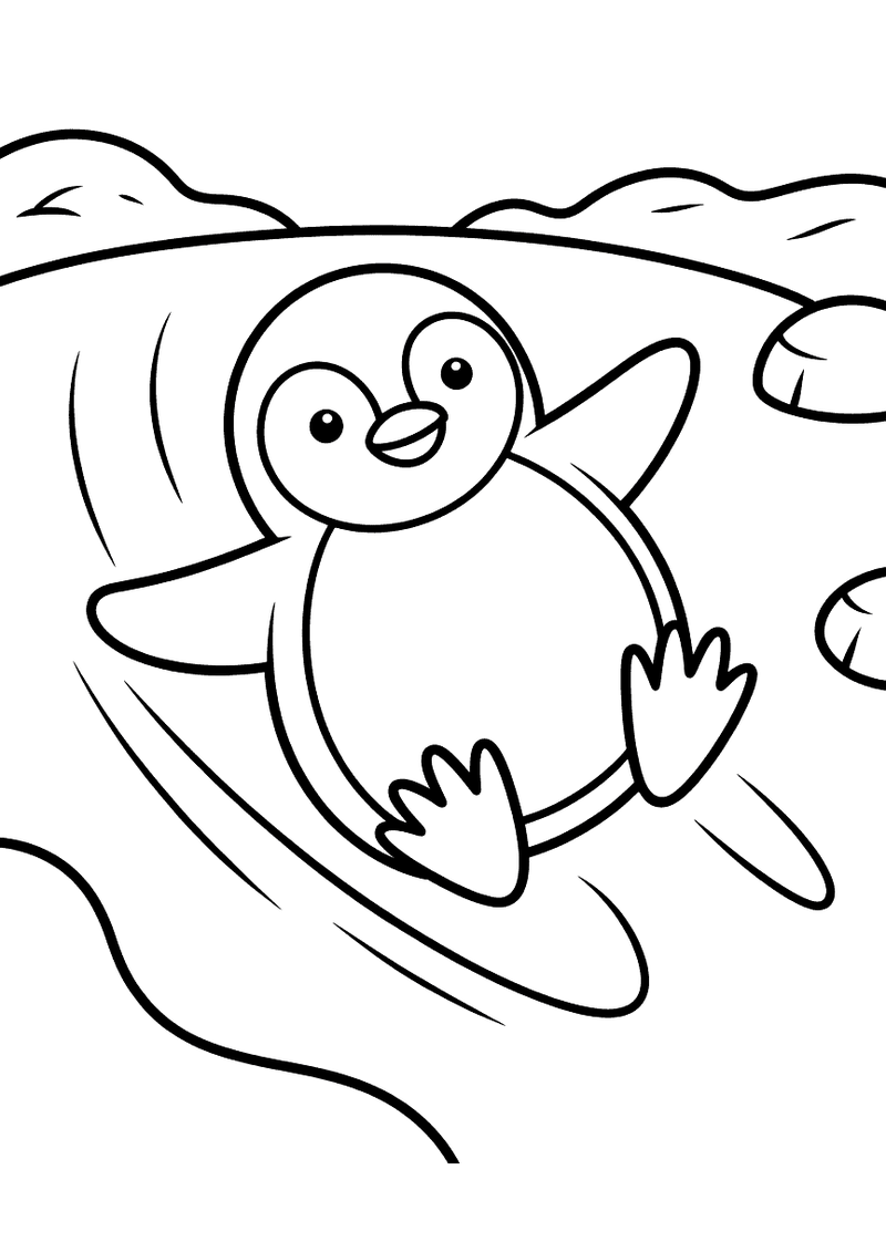 Kleurplaat van een pinguin die lachend op zijn buik over een ijsglooiing glijdt, omgeven door rotsen en ijs