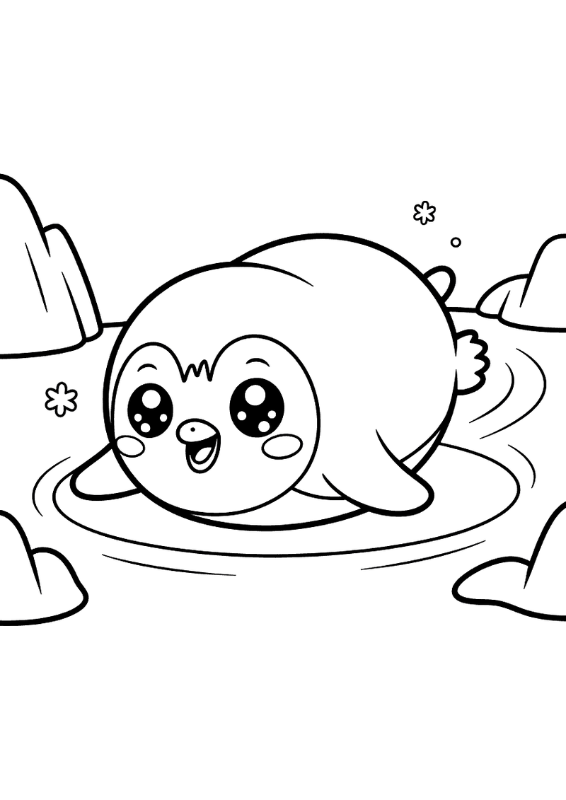 Kleurplaat van een ronde kawaii babypinguin die op zijn buik glijdt door het water tussen ijsschotsen.