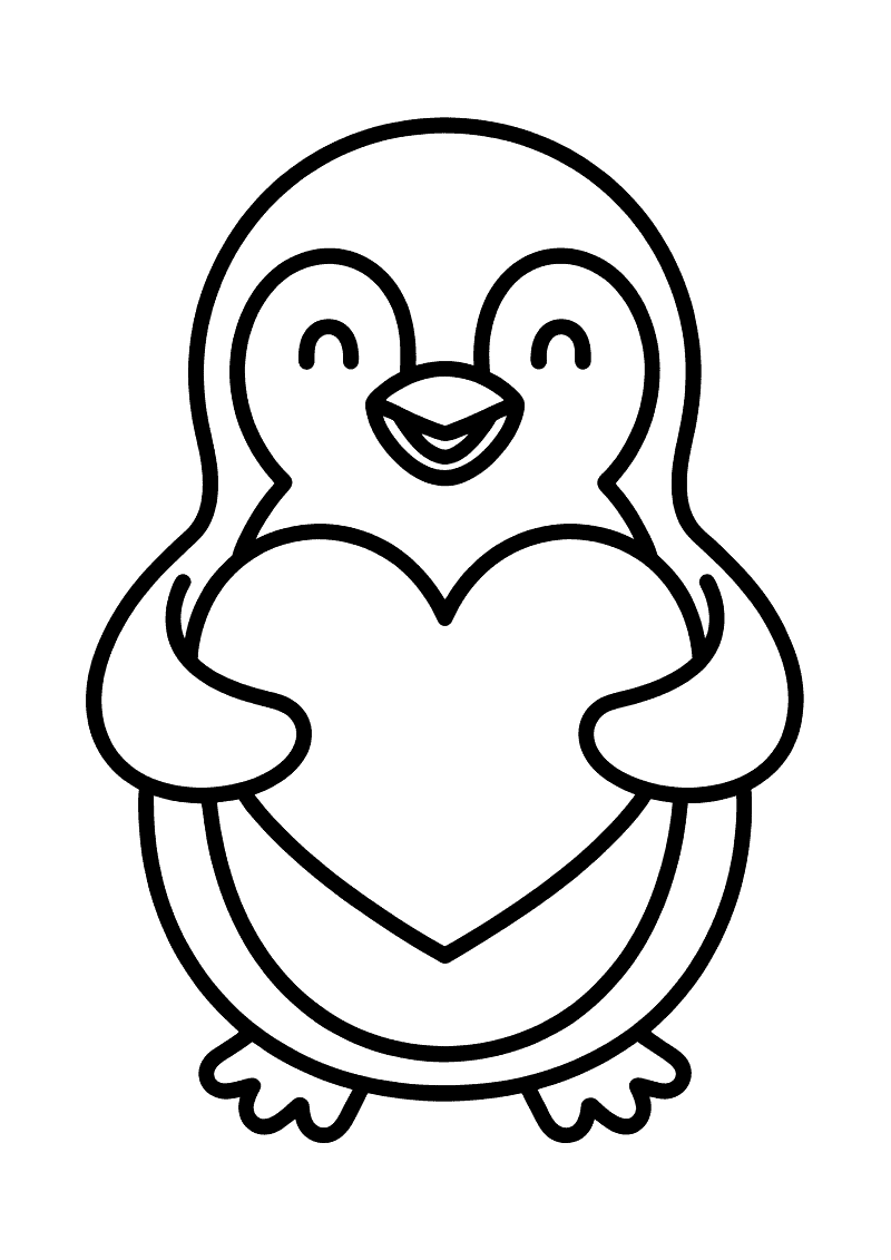 Kleurplaat van een lachende pinguin die een groot hart omklemt met beide vleugelhandjes en blij kijkt