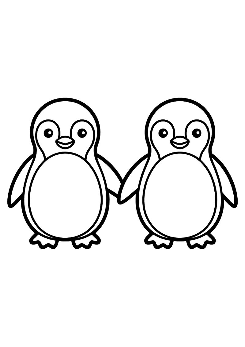 Kleurplaat van twee kleine pinguins die naast elkaar staan en elkaars vin vasthouden terwijl ze lachen